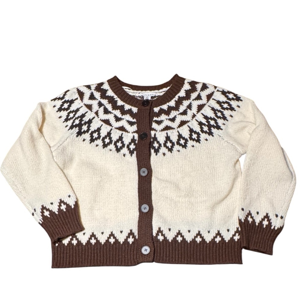 Faith and Zoe Cream and Brown Knit Cardigan Size Large NWT Neutral Fairisle